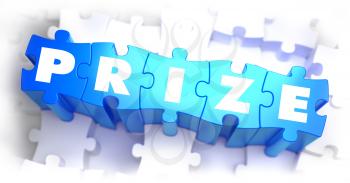 Prize - Text on Blue Puzzles on White Background. 3D Render. 