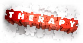 Therapy - White Word on Red Puzzles on White Background. 3D Illustration.