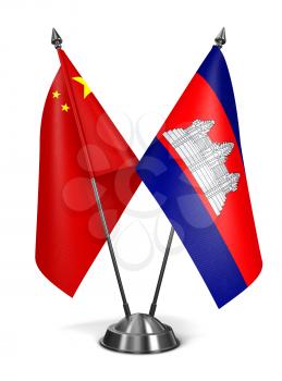 China and Cambodia - Miniature Flags Isolated on White Background.