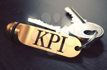 KPI -  Key Indicator Index - Bunch of Keys with Text on Golden Keychain. Black Wooden Background. Closeup View with Selective Focus. 3D Illustration. Toned Image.
