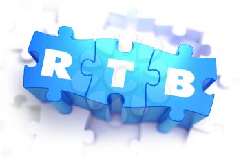 RTB  -  Real Time Bidding - White Text on Blue Puzzles and Selective Focus. 3D Render. 