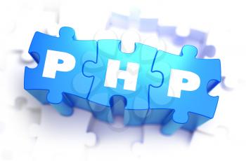 PHP - Hypertext Preprocessor - Text on Blue Puzzles on White Background. 3D Render. 