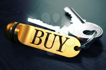 BUY Concept. Keys with Golden Keyring on Black Wooden Table. Closeup View, Selective Focus, 3D Render. Toned Image.