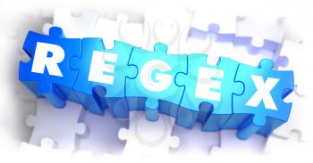 Regex - Text on Blue Puzzles on White Background. 3D Render. 