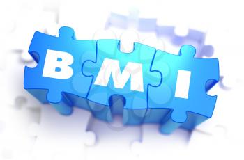 BMI - Body Mass Index - White Word on Blue Puzzles on White Background. 3D Illustration.