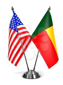 USA and Benin - Miniature Flags Isolated on White Background.