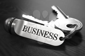 Business Concept. Keys with Keyring on Black Wooden Table. Closeup View, Selective Focus, 3D Render. Black and White Image.