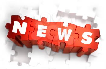 News - White Word on Red Puzzles on White Background. 3D Render. 