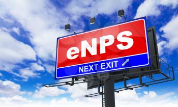 eNPS - Employee Net Promoter Score - Red Billboard on Sky Background. Communication Concept.