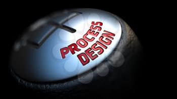 Process Design. Gear Shift with Red Text on Black Background. Selective Focus. 3D Render.