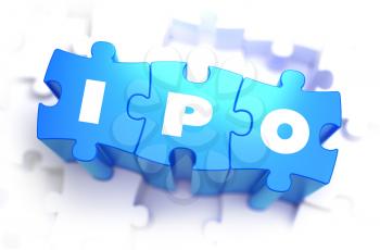 IPO -  Initial Public Offering - Text on Blue Puzzles on White Background. 3D Render. 
