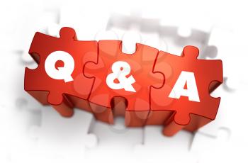 Question and Answer - White Word on Red Puzzles on White Background. 3D Render. 