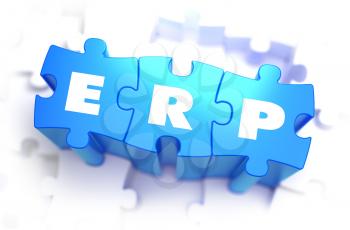 ERP - Enterprise Resource Planning - White Word on Blue Puzzles on White Background. 3D Illustration.