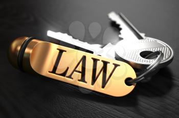 Law Concept. Keys with Golden Keyring on Black Wooden Table. Closeup View, Selective Focus, 3D Render. Toned Image.