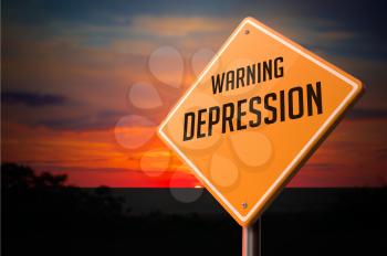 Depression on Warning Road Sign on Sunset Sky Background.