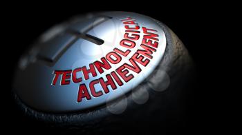 Technological Achievement - Red Text on Black Gear Shifter with Leather Cover. Close Up View. Selective Focus.