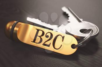 B2C - Business To Consumer - Bunch of Keys with Text on Golden Keychain. Black Wooden Background. Closeup View with Selective Focus. 3D Illustration. Toned Image.