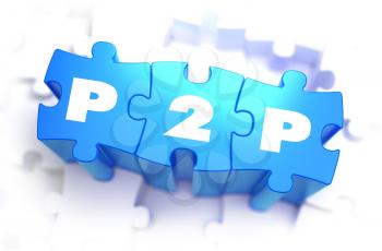 P2P - Text on Blue Puzzles on White Background. 3D Render. 