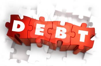 Debt - White Word on Red Puzzles on White Background. 3D Illustration.
