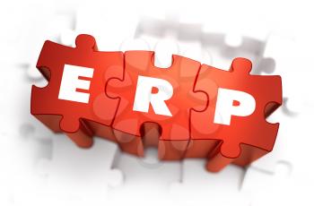 ERP - Enterprise Resource Planning - Text on Red Puzzles with White Background. 3D Render. 