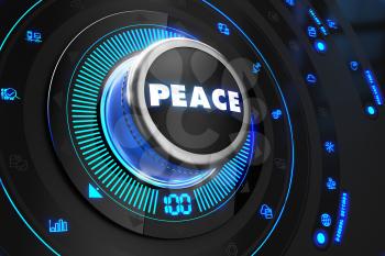 Peace Controller on Black Control Console with Blue Backlight. Improvement, regulation, control or management concept.
