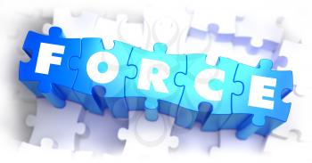 Force - White Word on Blue Puzzles on White Background. 3D Illustration.