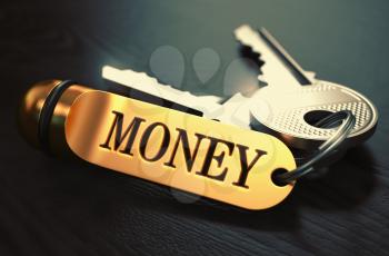 Money Concept. Keys with Golden Keyring on Black Wooden Table. Closeup View, Selective Focus, 3D Render. Toned Image.