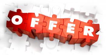 Offer - White Word on Red Puzzles on White Background. 3D Render. 