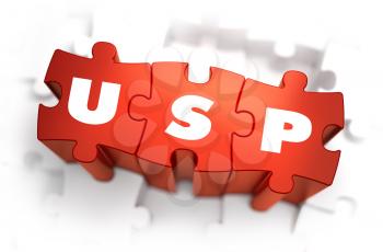 USP - Unique Selling Point - White Word on Red Puzzles on White Background. 3D Illustration.