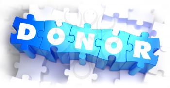 Donor - White Word on Blue Puzzles on White Background. 3D Illustration.