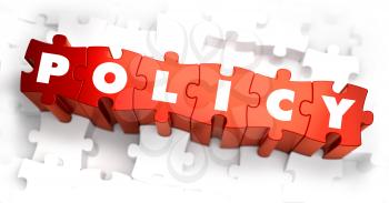 Policy - White Word on Red Puzzles. 3D Render.