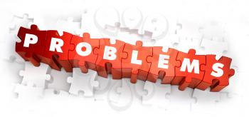 Problems - Text on Red Puzzles on White Background. 3D Render.