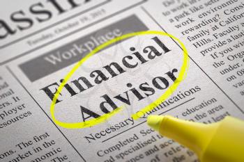 Financial Advisor Jobs in Newspaper. Job Search Concept.