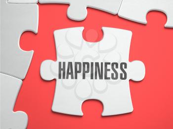 Happiness - Text on Puzzle on the Place of Missing Pieces. Scarlett Background. Close-up. 3d Illustration.