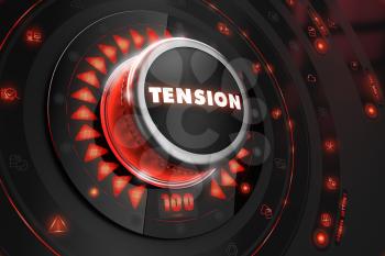 Tension Controller on Black Control Console with Red Backlight. Danger or Risk Control Concept.