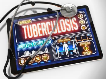 Tuberculosis - Diagnosis on the Display of Medical Tablet and a Black Stethoscope on White Background.