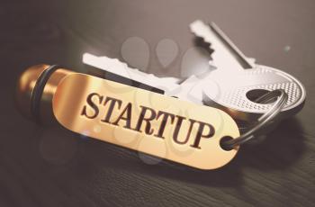 Startup - Bunch of Keys with Text on Golden Keychain. Black Wooden Background. Closeup View with Selective Focus. 3D Illustration. Toned Image.