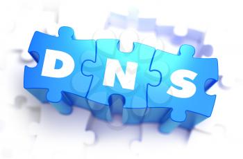 DNS - Domain Name System - White Word on Blue Puzzles on White Background. 3D Illustration.