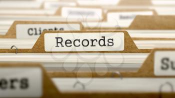 Records Concept. Word on Folder Register of Card Index. Selective Focus.