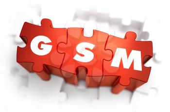GSM - Global System for Mobile - Text on Red Puzzles with White Background. 3D Render. 