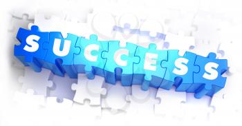 Success - White Word on Blue Puzzles on White Background. 3D Render. 