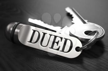 DUED - Due Diligence - Concept. Keys with Keyring on Black Wooden Table. Closeup View, Selective Focus, 3D Render. Black and White Image.