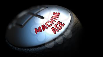 Machine Age - Red Text on Car's Shift Knob on Black Background. Close Up View. Selective Focus.