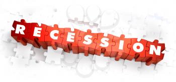 Recession - White Word on Red Puzzles on White Background. 3D Render. 