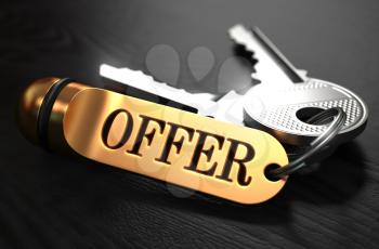 Keys with Word Offer on Golden Label over Black Wooden Background. Closeup View, Selective Focus, 3D Render.