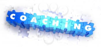 Coaching - Word on Blue Puzzles on White Background. 3D Render. 