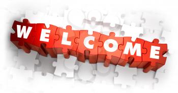 Welcome - White Word on Red Puzzles on White Background. 3D Illustration.