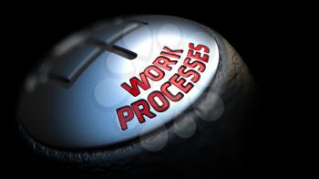 Work Processes. Gear Shift with Red Text on Black Background. Selective Focus. 3D Render.