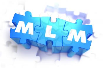 MLM - Multi Level Marketing - Text on Blue Puzzles on White Background. 3D Render. 