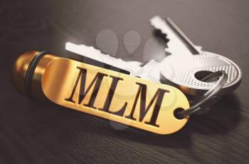 MLM - Multi Level Marketing - Concept. Keys with Golden Keyring on Black Wooden Table. Closeup View, Selective Focus, 3D Render. Toned Image.
